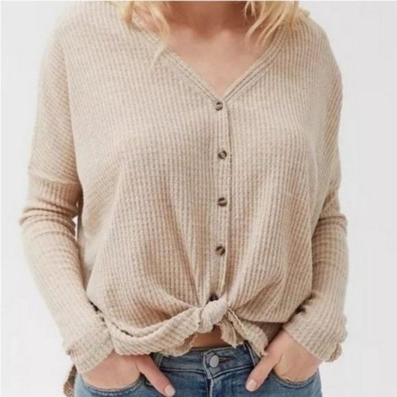 OUT FROM UNDER Beige Waffle Knit Button Down Top - Picture 1 of 11